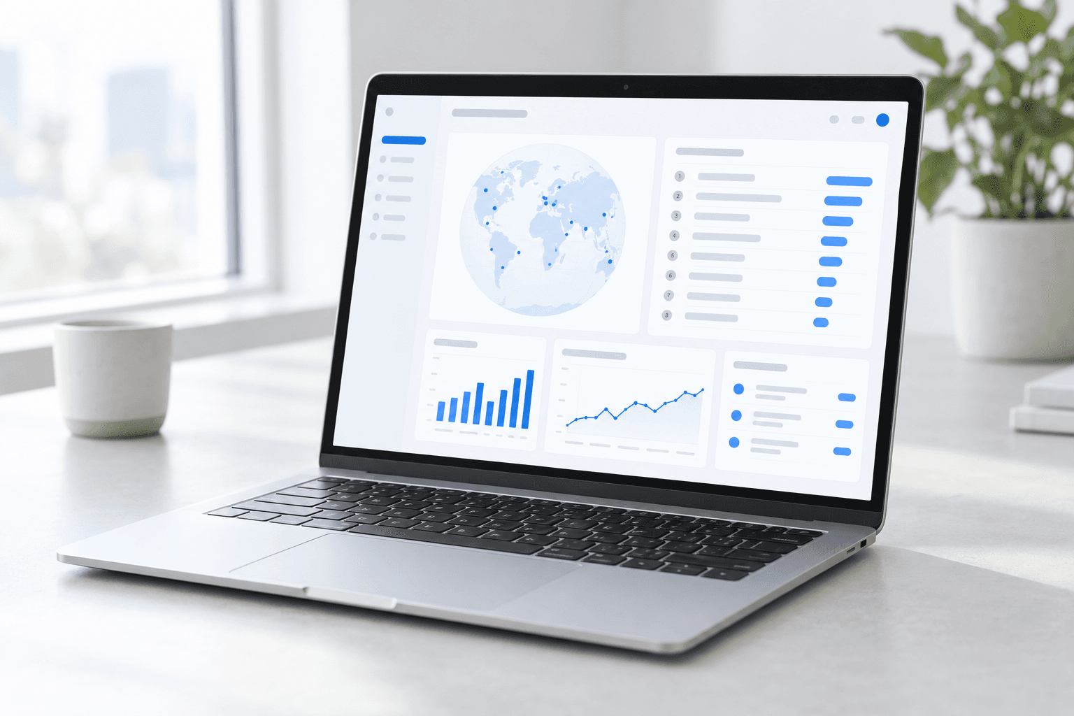 AI concept image: the Dixi dashboard on a laptop, with a globe, a ranked requirement list and blue charts
